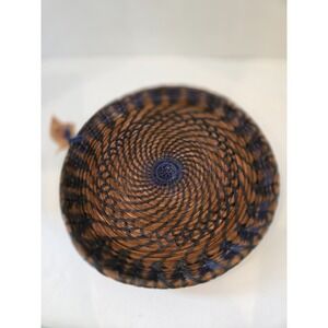 Handmade Pine Needle Basket With Blue African Style W/ Artists Tag 9"